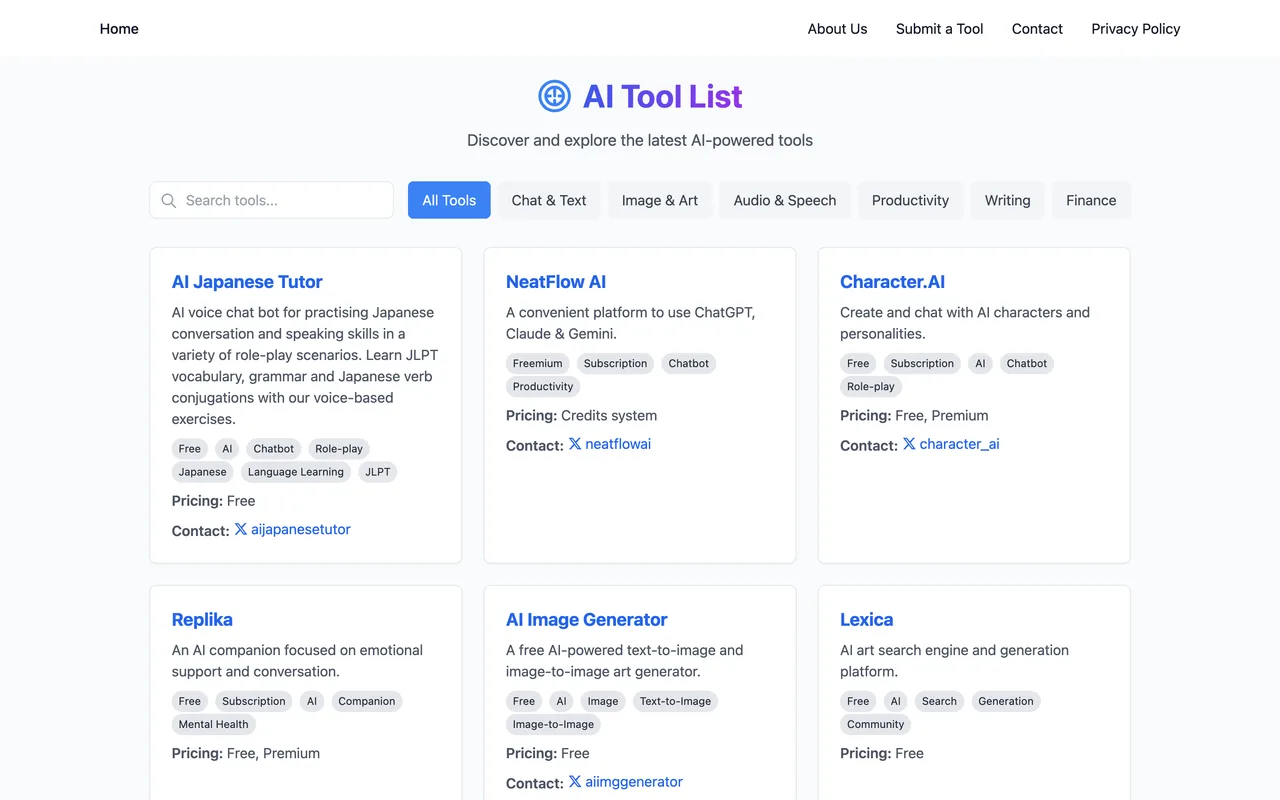 AI Tool List homepage
