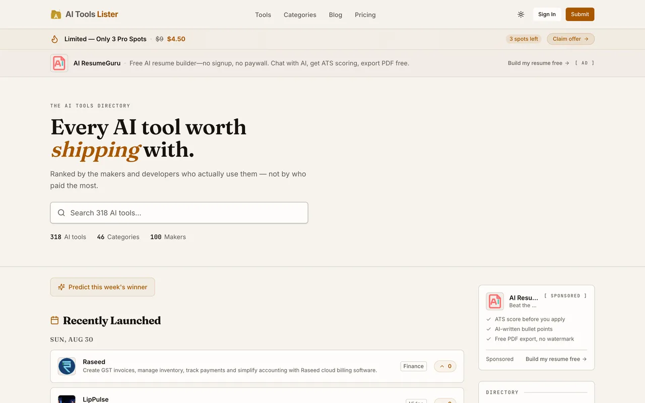 AI Tools Lister homepage