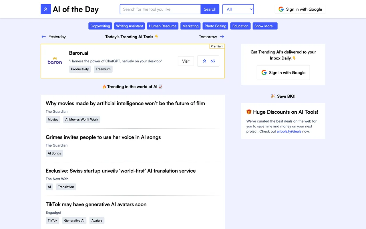 AI of the Day homepage