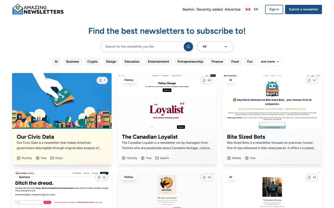 Amazing Newsletters homepage