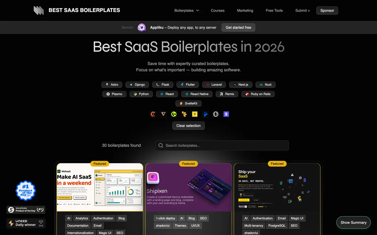 Best SaaS Boilerplates homepage