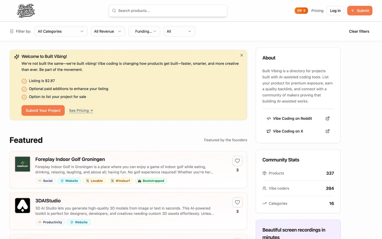 Built Vibing homepage