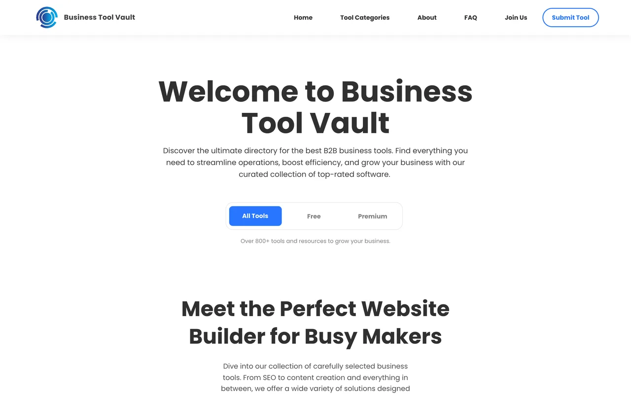 Business Tool Vault homepage