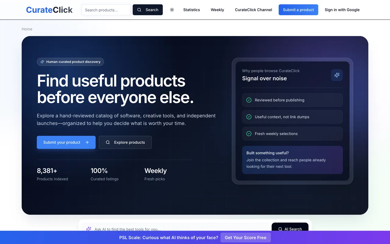 CurateClick homepage
