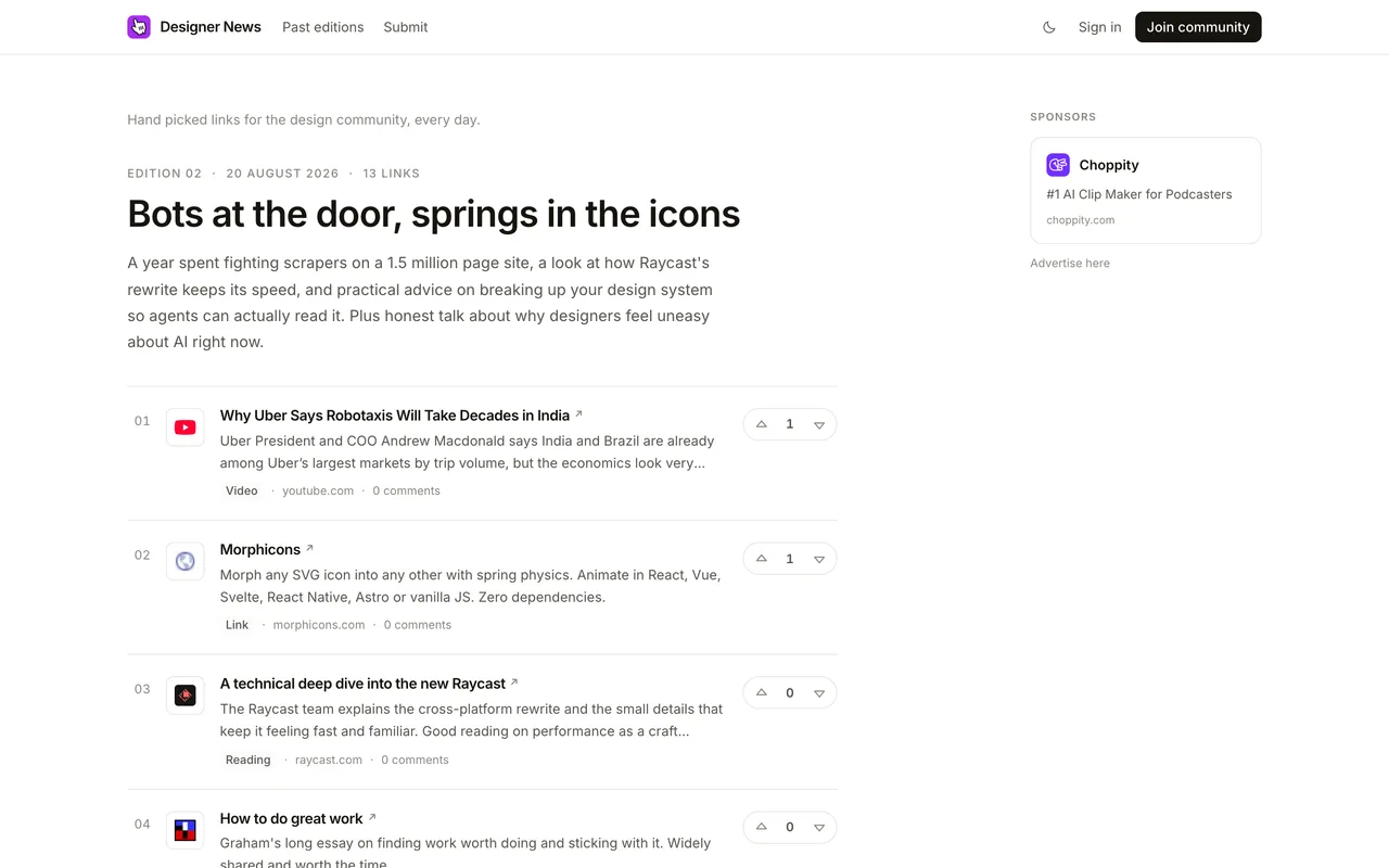Designer News homepage
