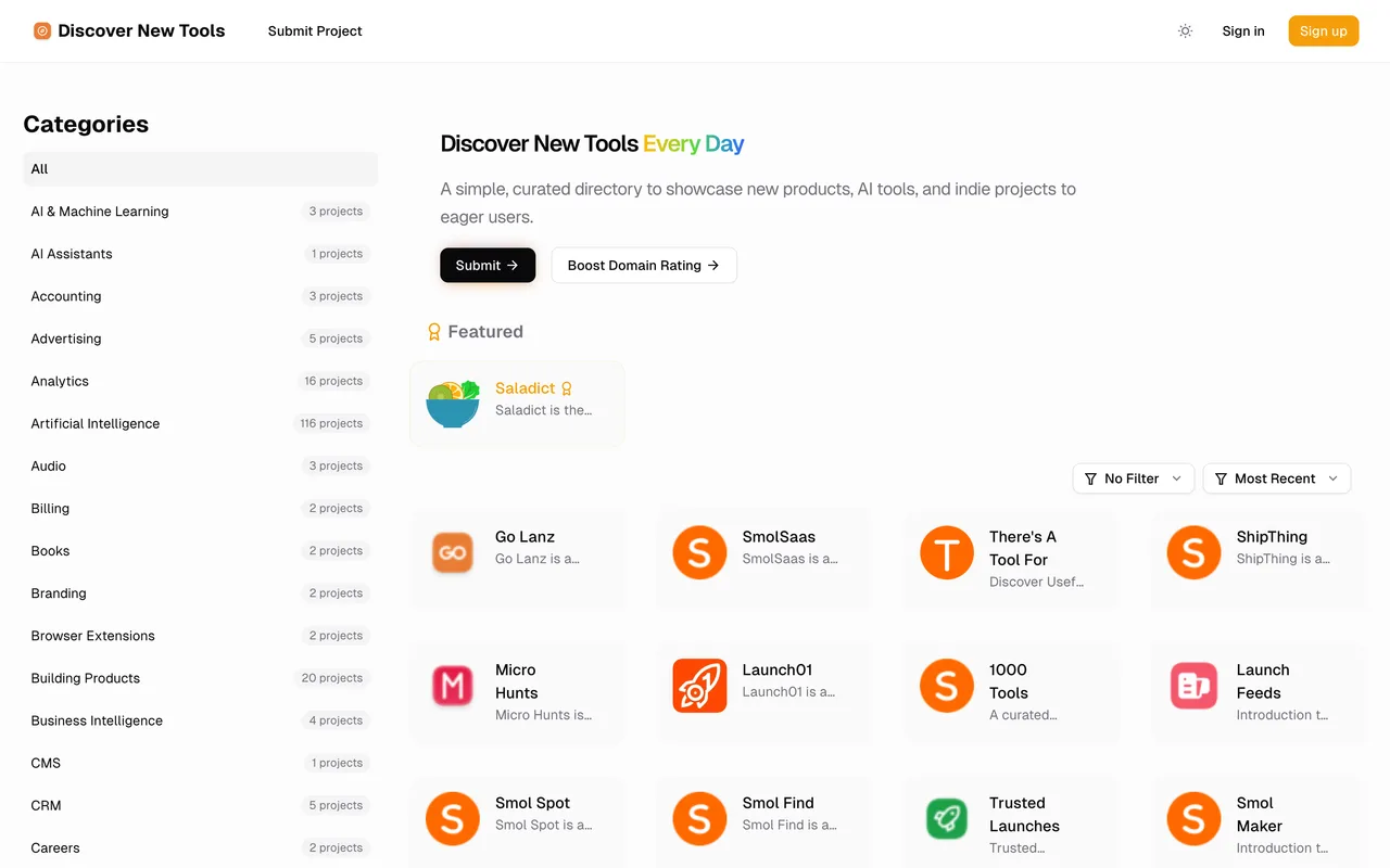 Discover New Tools homepage