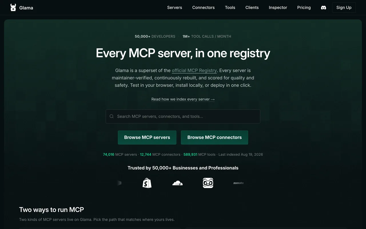 Glama MCP Registry homepage