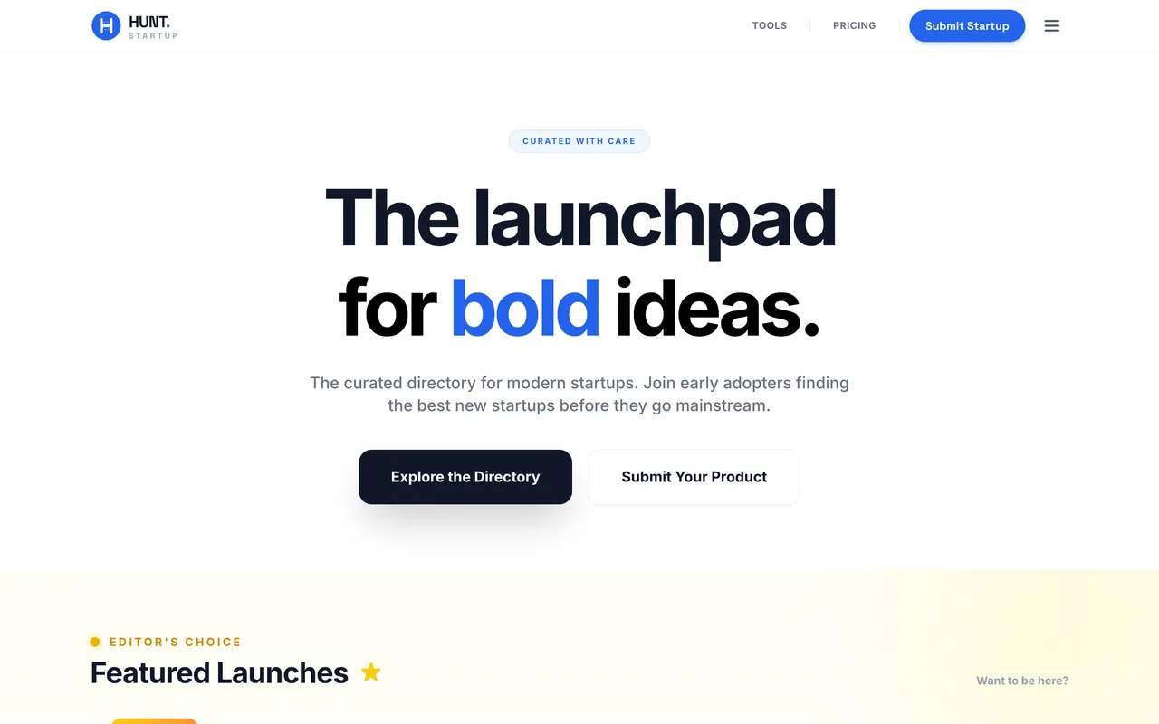 Hunt Startup homepage