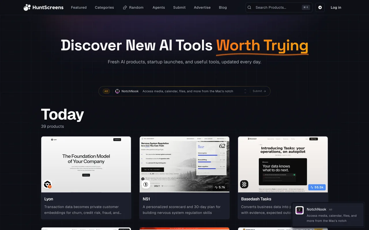 HuntScreens homepage