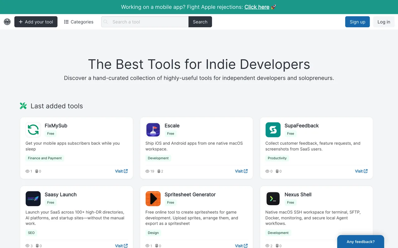 Indie Dev Tools homepage