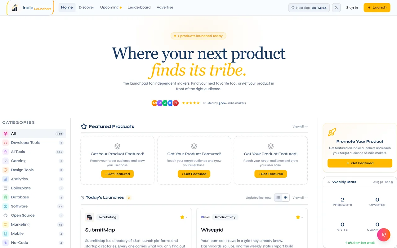 Indie Launchers homepage