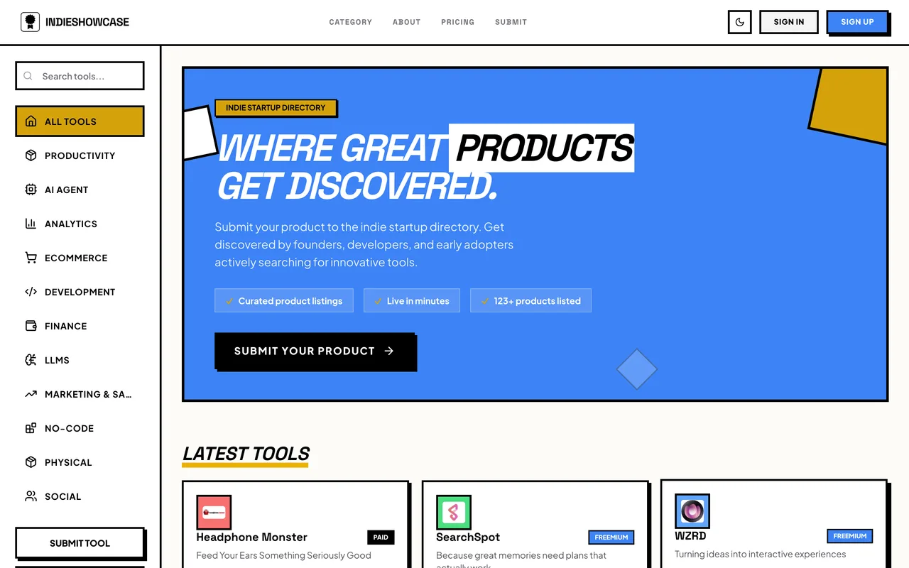 IndieShowcase homepage
