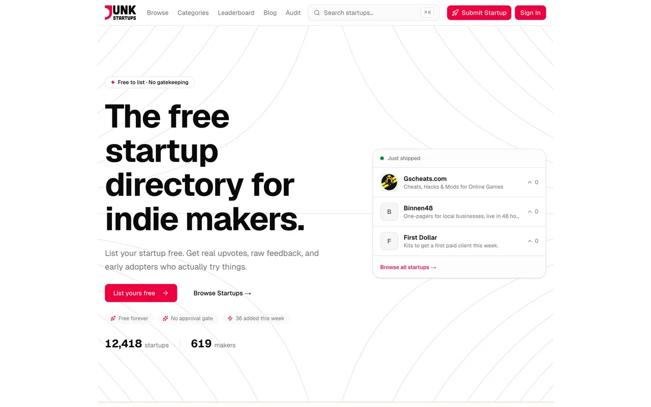 JunkStartups homepage