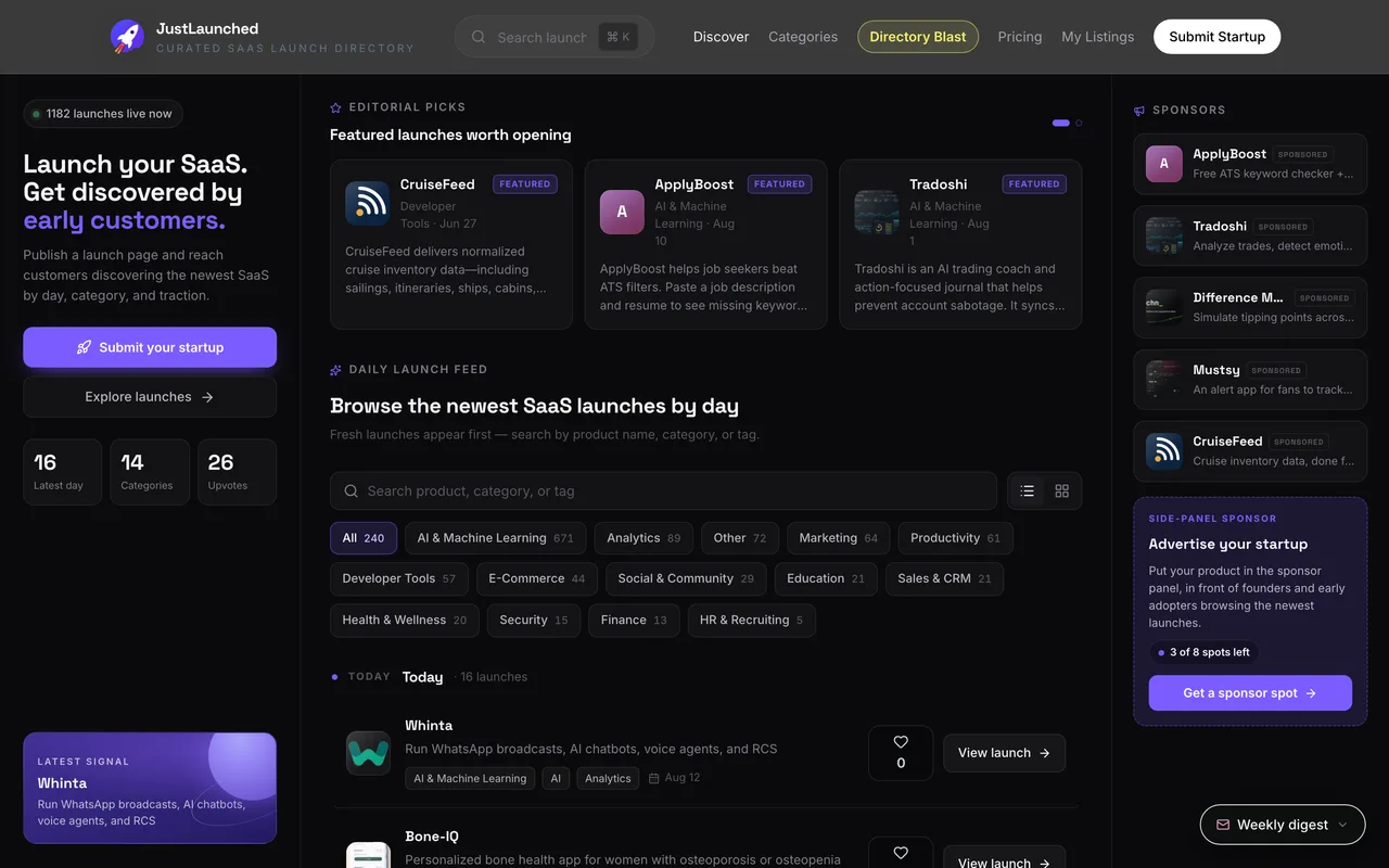 JustLaunched homepage