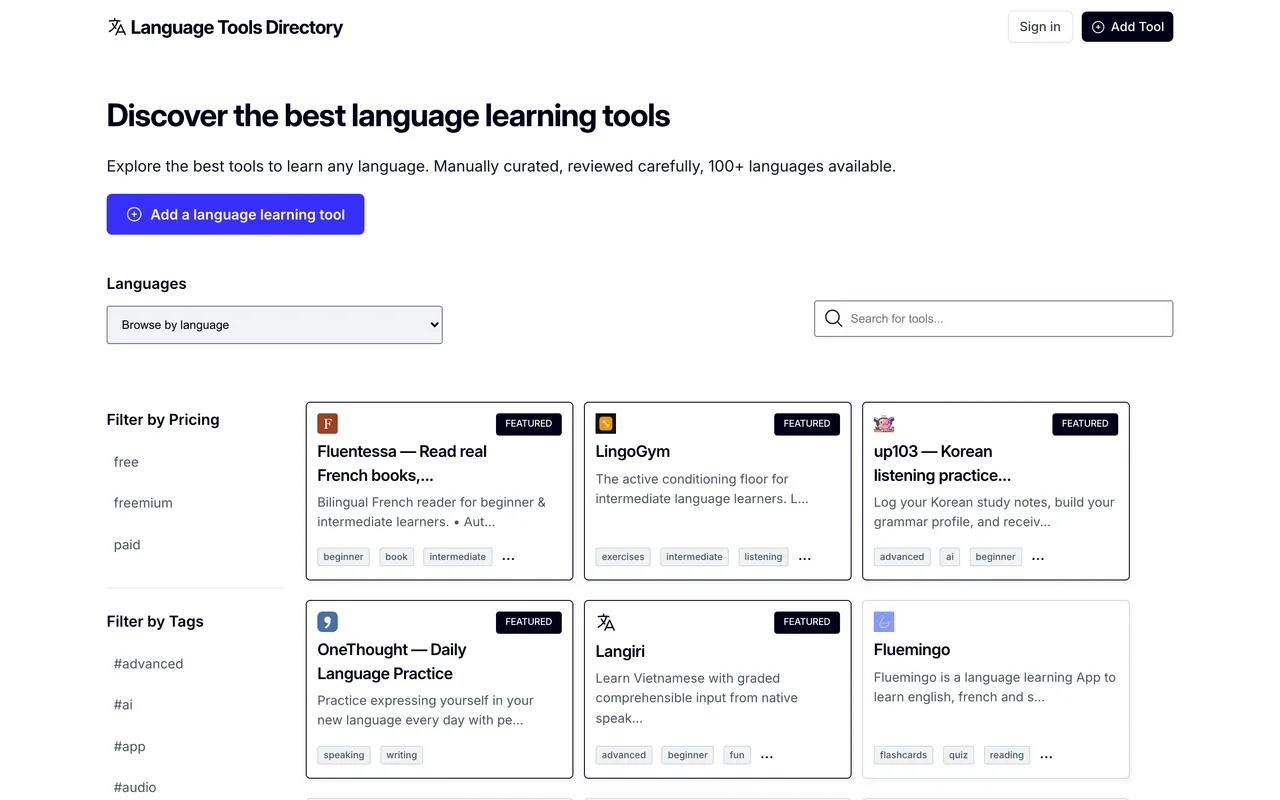 Language Tools Directory homepage