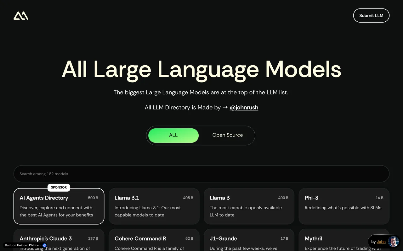 LLM Models Directory homepage