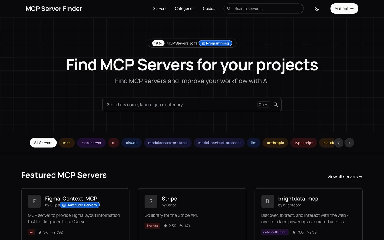 MCP Server Finder homepage