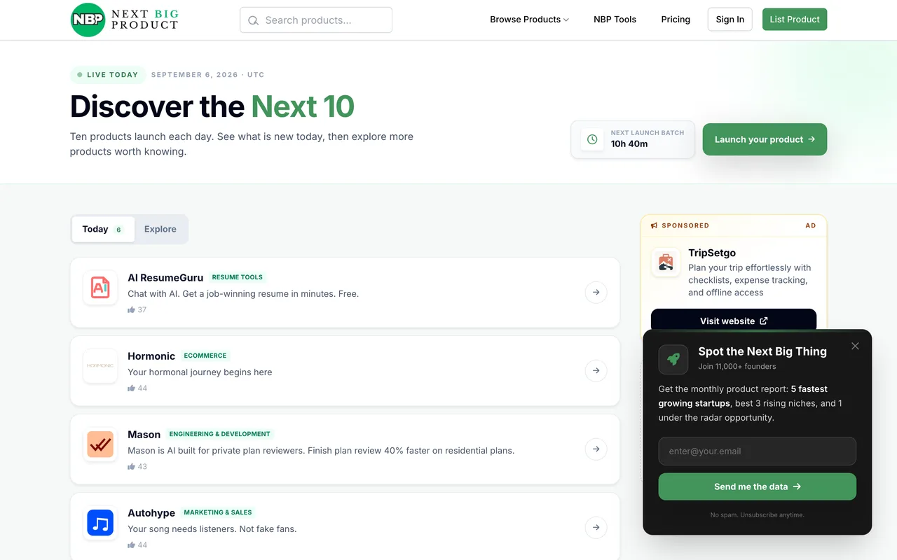 NextBigProduct homepage