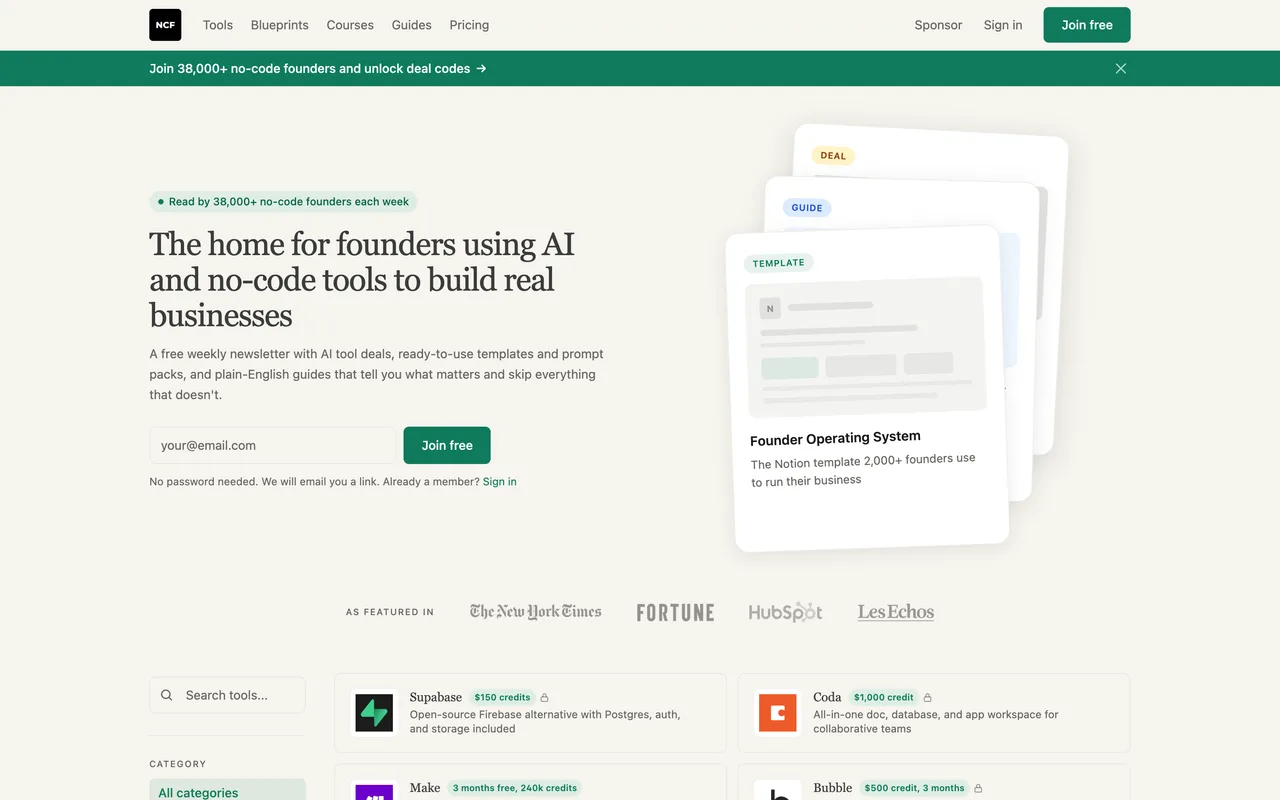 No Code Founders homepage