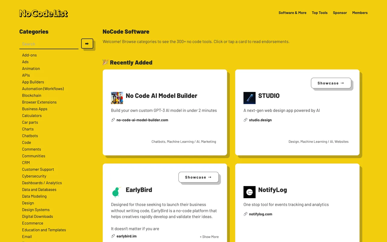 NoCodeList homepage