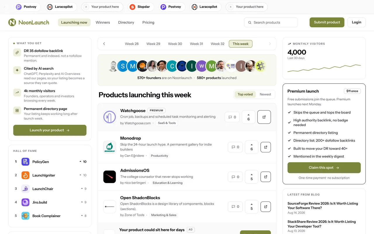 NoonLaunch homepage