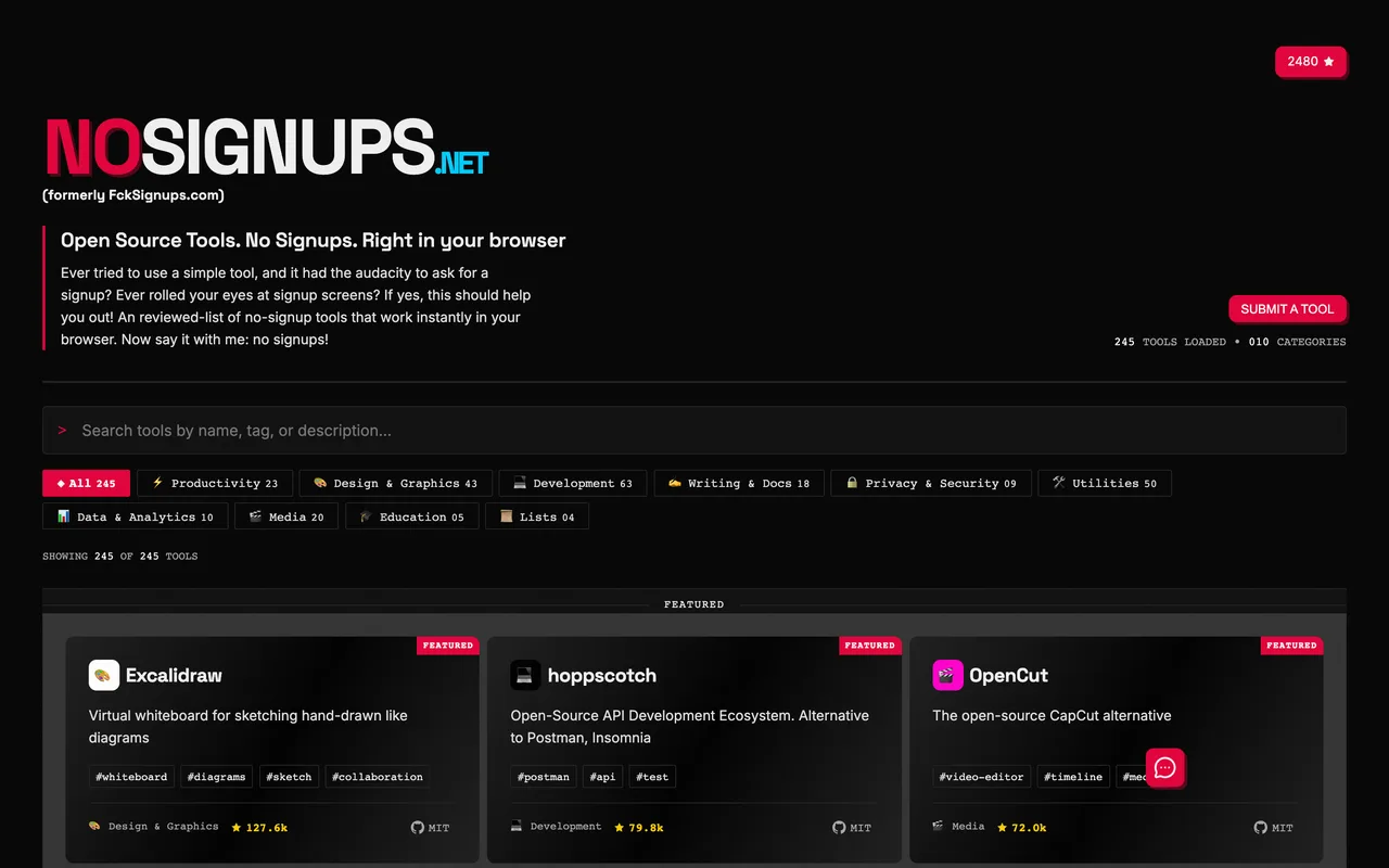 NoSignups homepage