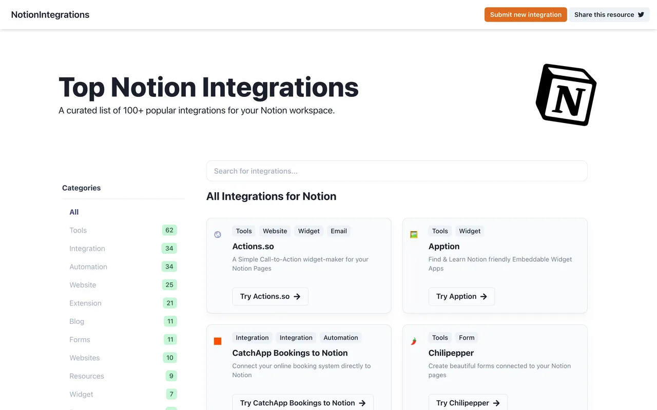 Notion Integrations homepage