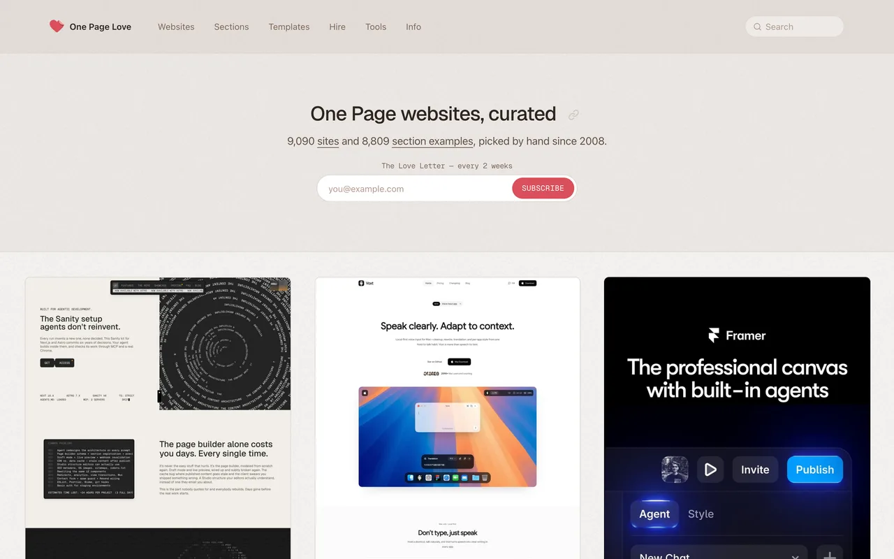 One Page Love homepage