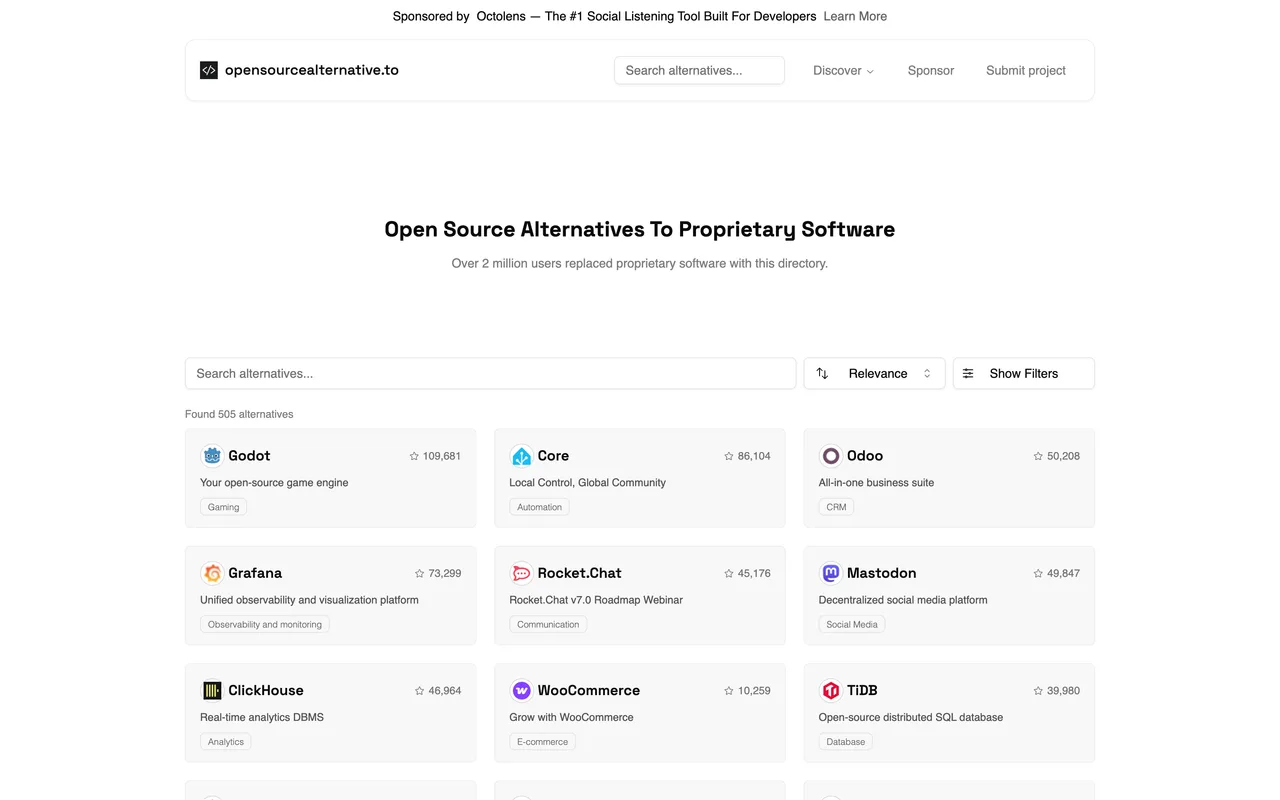 OpenSourceAlternative.to homepage