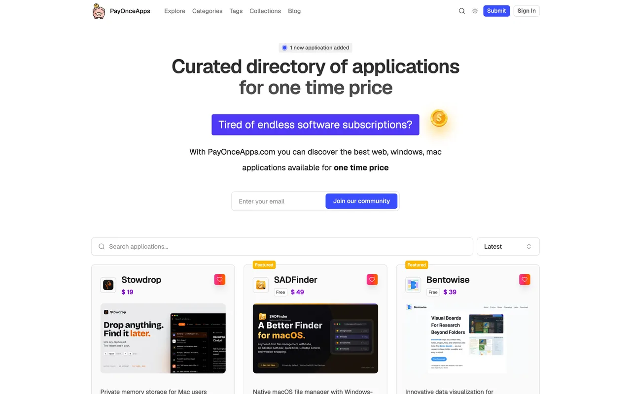 PayOnceApps homepage