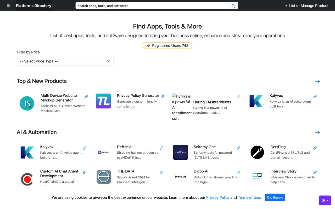 Platforms Directory homepage