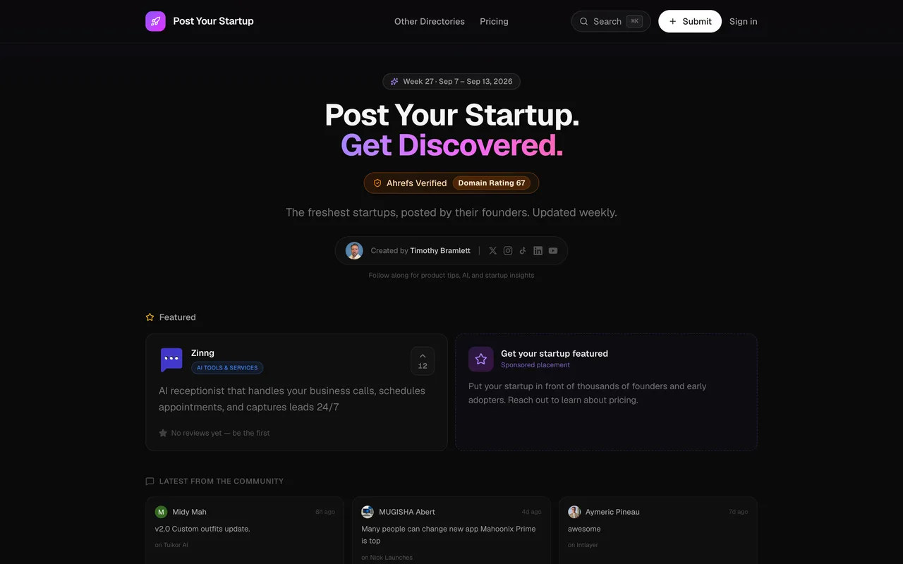 Post Your Startup homepage
