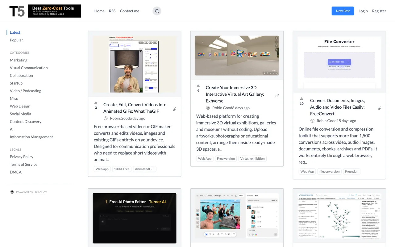 T5 by Robin Good homepage