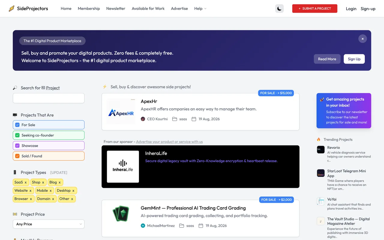 SideProjectors homepage