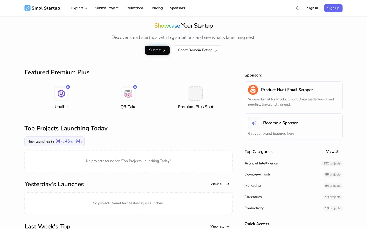 Smol Startup homepage