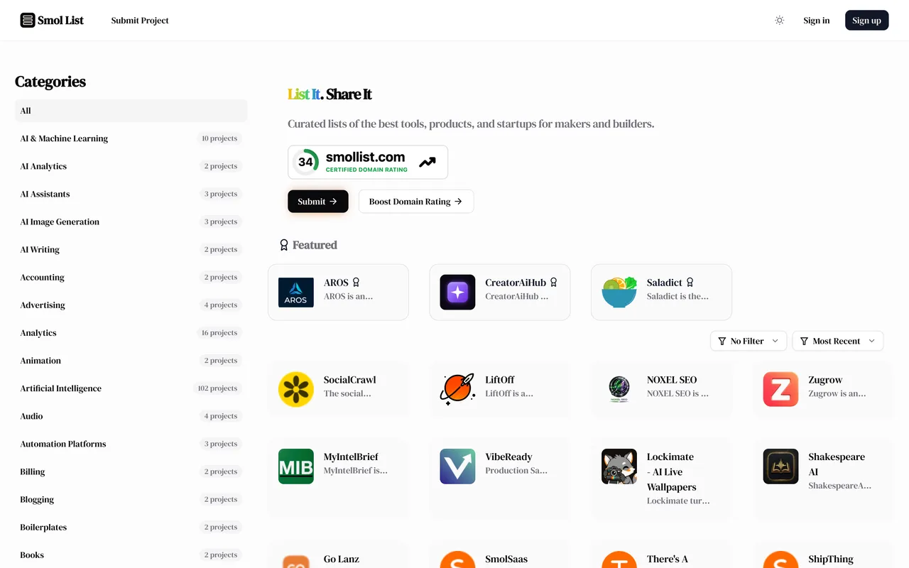 Smol List homepage