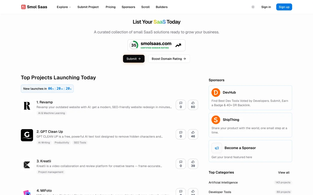 Smol Saas homepage