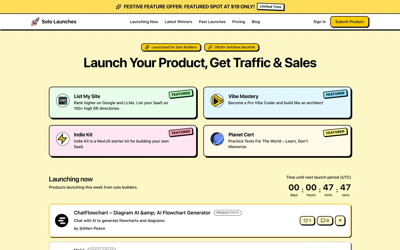 Solo Launches homepage
