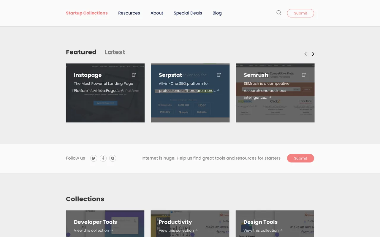 Startup Collections homepage