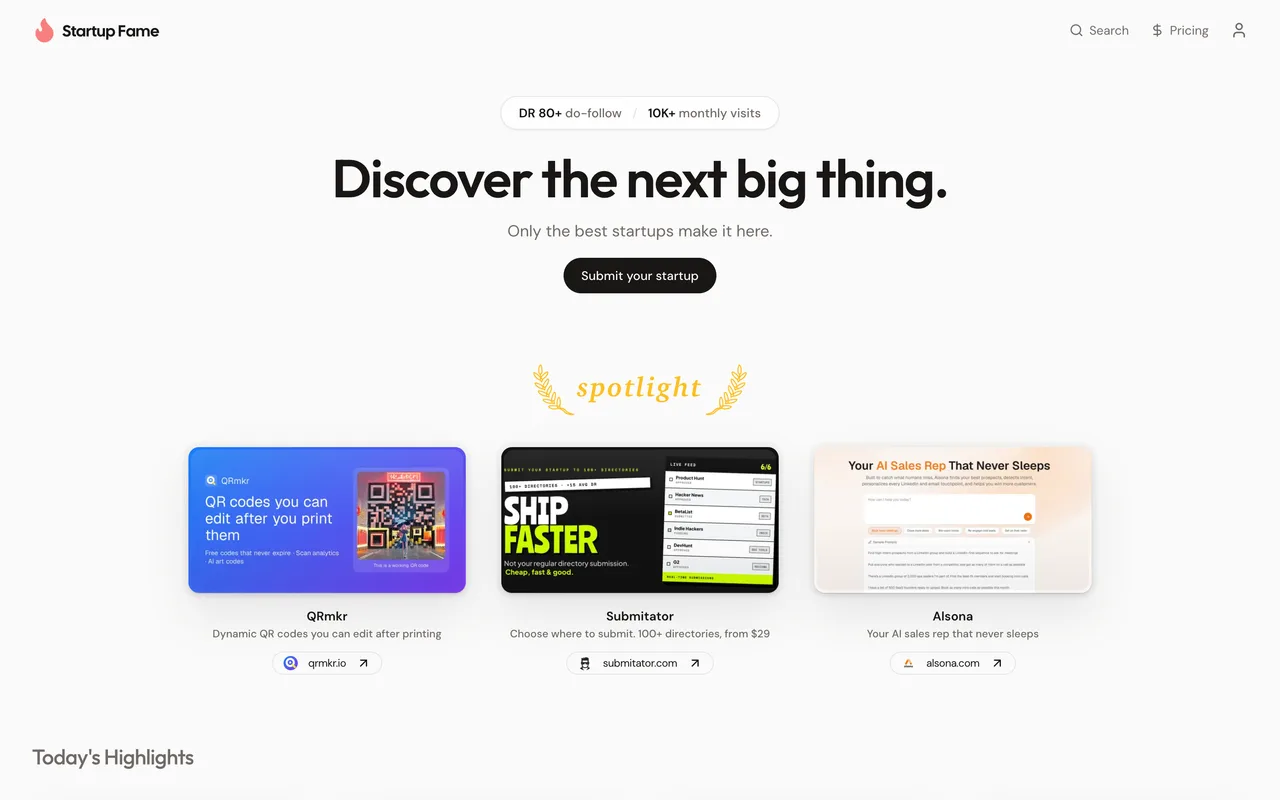Startup Fame homepage
