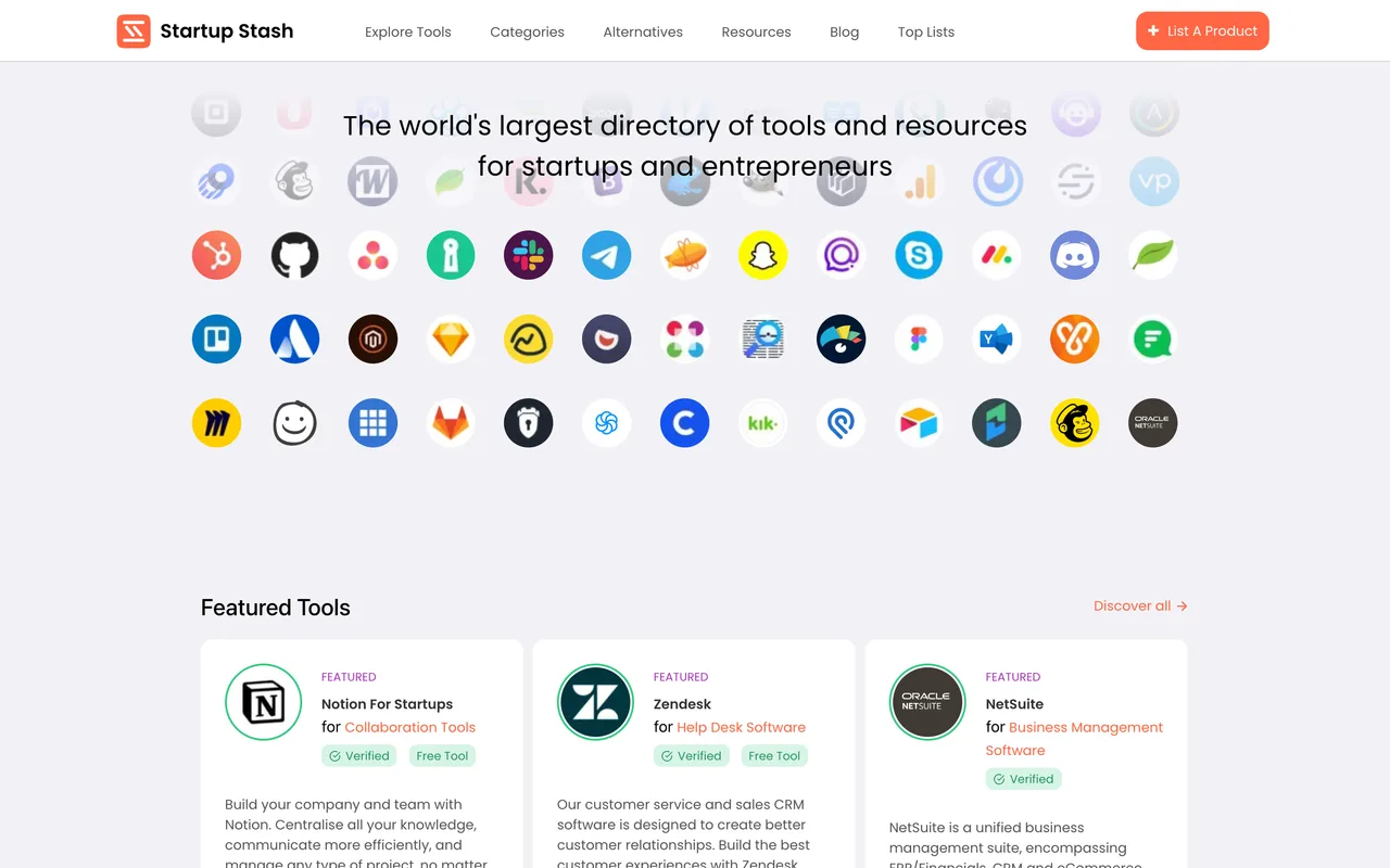 Startup Stash homepage