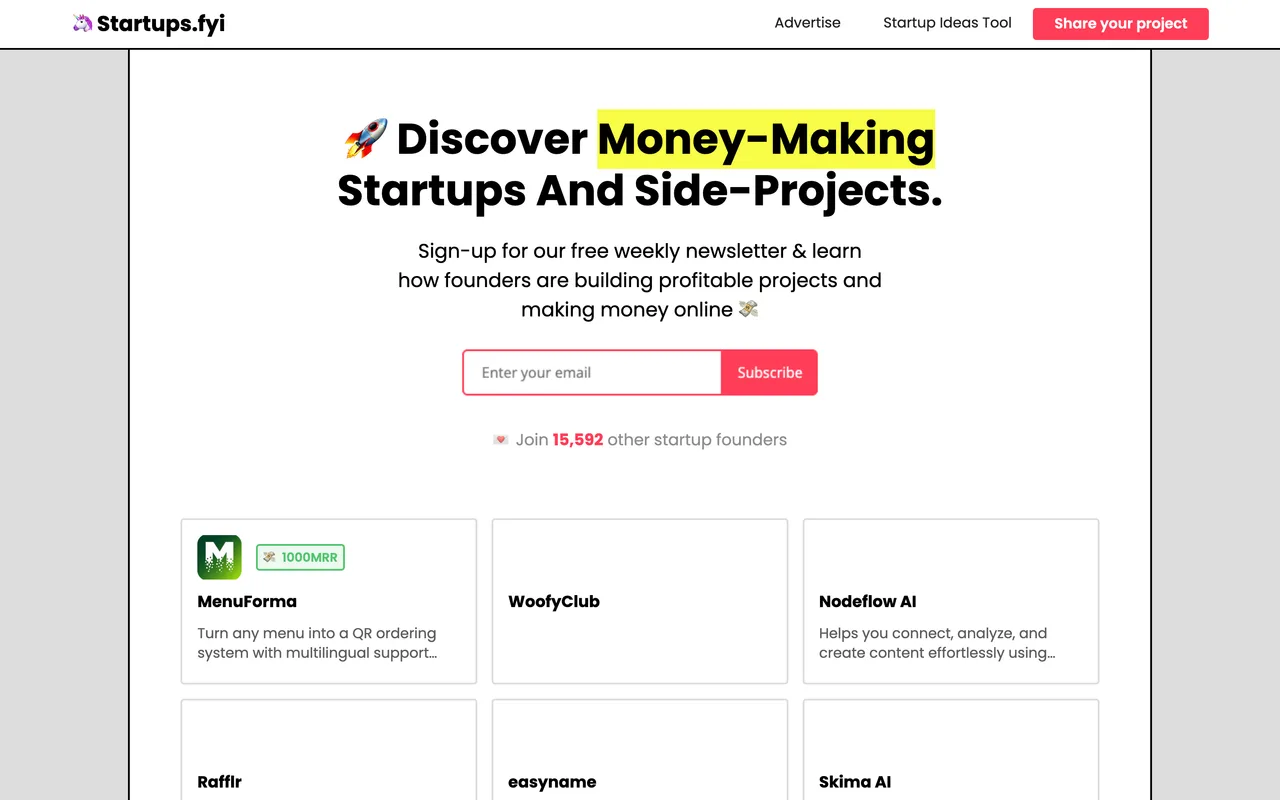 Startups.fyi homepage