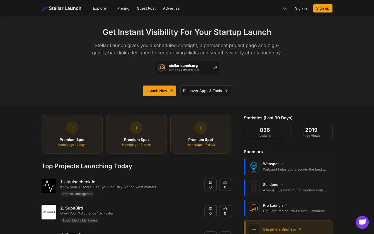 Stellar Launch homepage