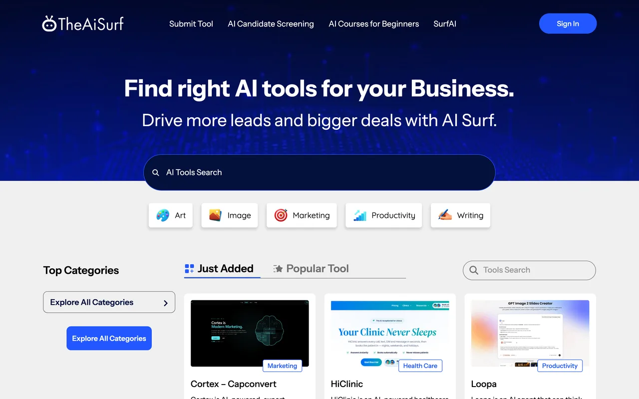 The AI Surf homepage
