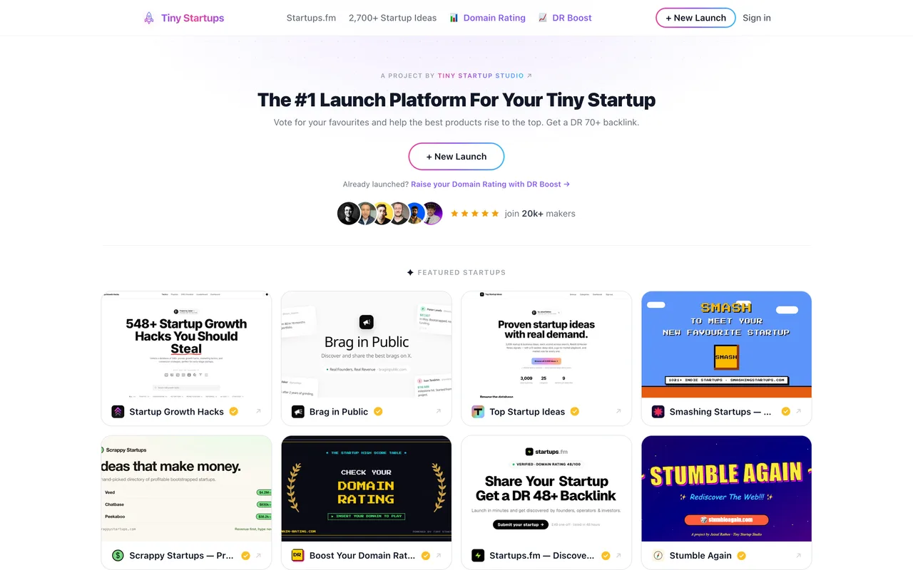 Tiny Startups homepage