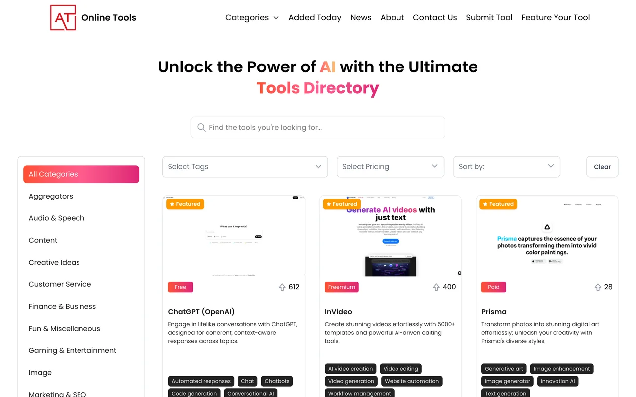 Tools AI Online homepage
