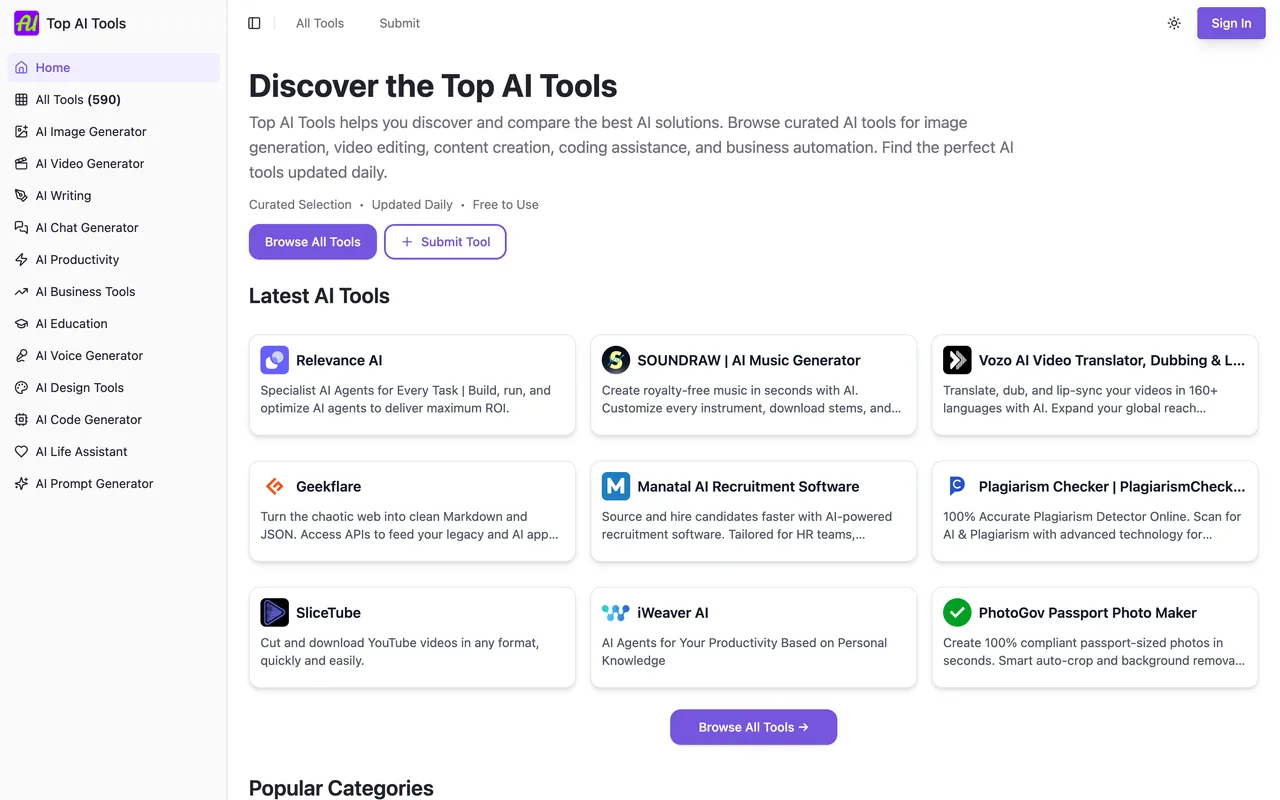Top AI Tools homepage