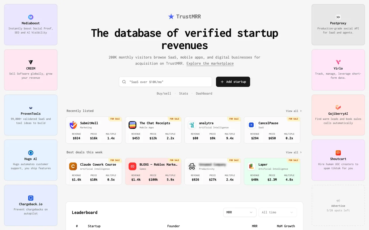 TrustMRR homepage