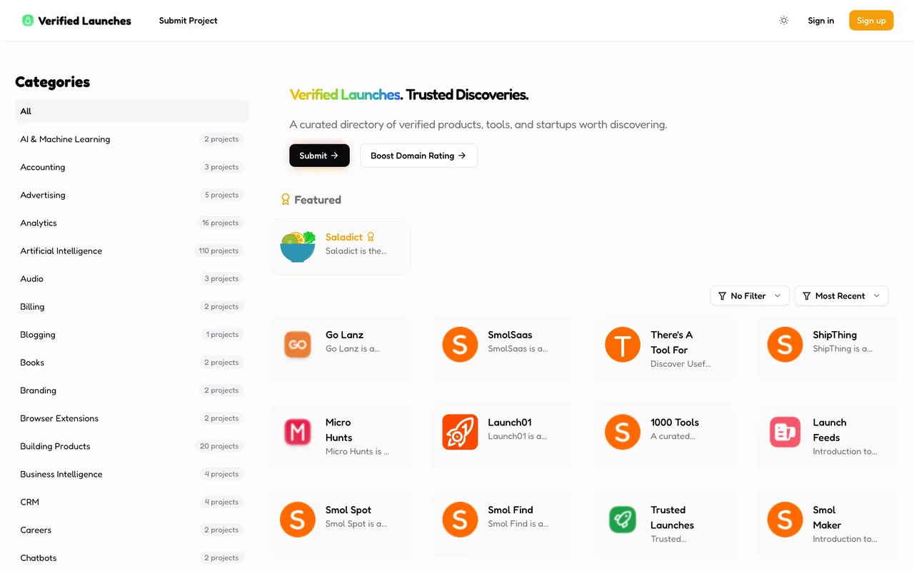 Verified Launches homepage
